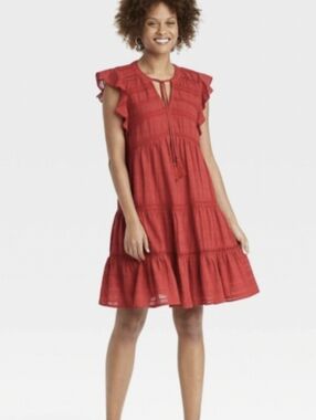Knox Rose Women's Dress Red Sleeveless V-Neck Size M Tiered Ruffled